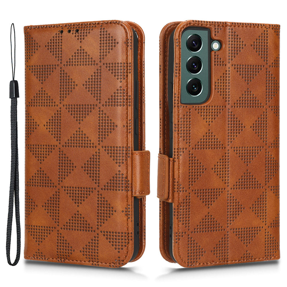 For Samsung Galaxy S23 Imprinted Triangle Pattern Phone Cover PU Leather Wallet Stand Cell Phone Case with Wrist Strap For Samsung Galaxy S23 Imprinted Triangle Pattern Phone Cover PU Leather Wallet Stand Cell Phone Case with Wrist Strap
